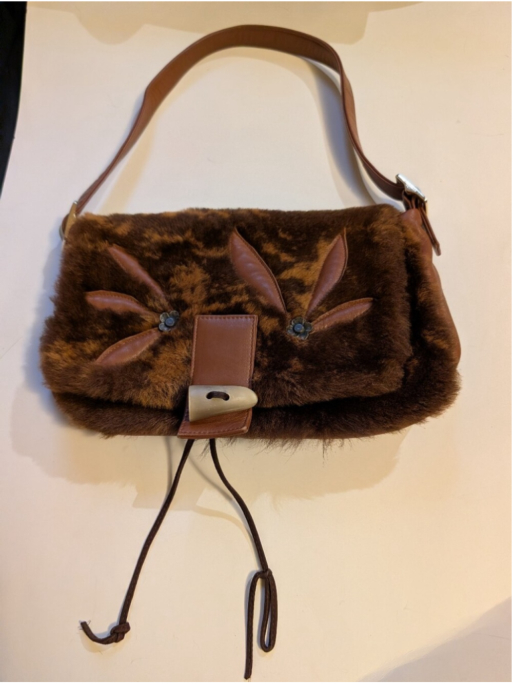 Vintage Moda Barberini Italy Fur Baguette Shoulder Bag Brown Leather Leaf Appliq
